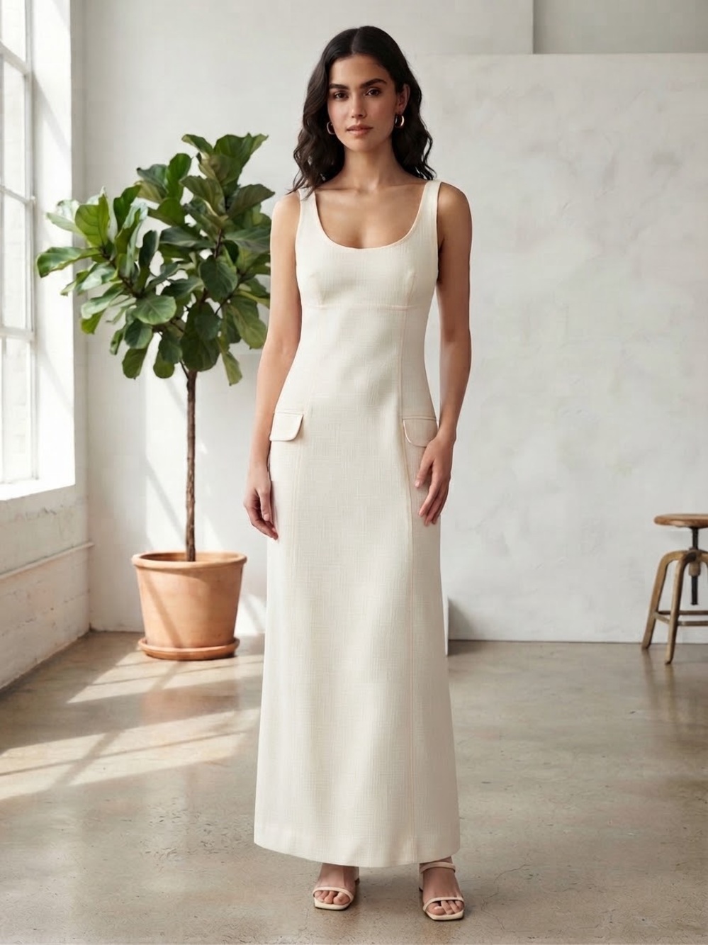 Zara Ivory Scoop-Neck Maxi Dress with Front Flap Pockets
